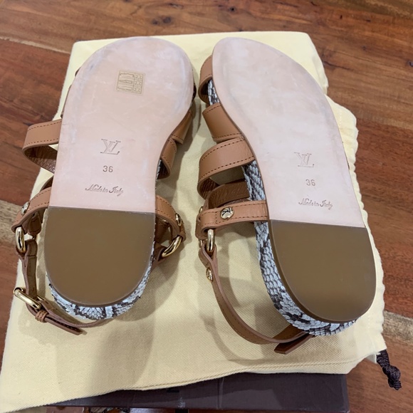 Louis Vuitton Python Sandals tan brown 36 6 snakeskin leather LV gold logo strap - Picture 15 of 16